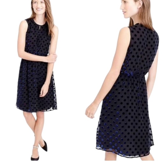 J. Crew Black Blue Polka Dot Sleeveless Silk Blend Dress Size 10 - Picture 1 of 13